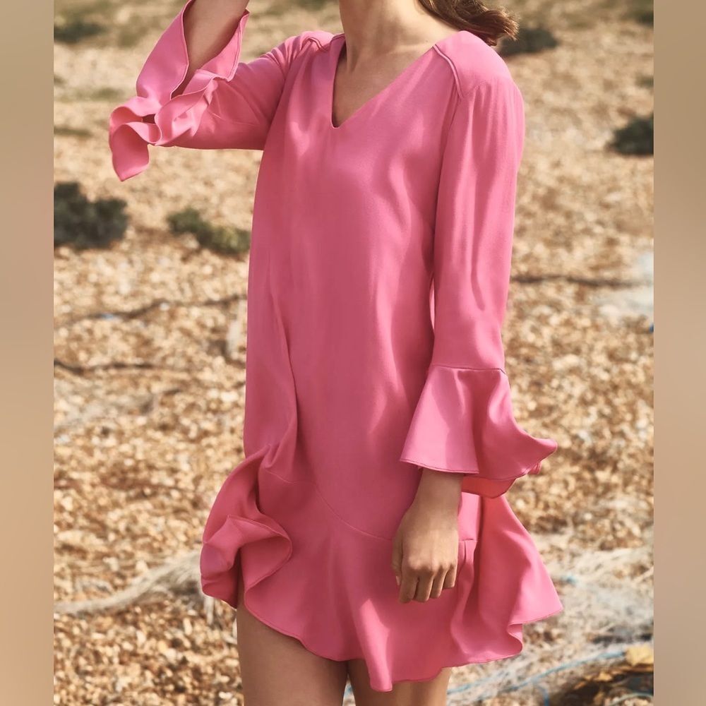 Anthropologie Dress HD in Paris Pink Drop Waist Long Sleeve Size 2